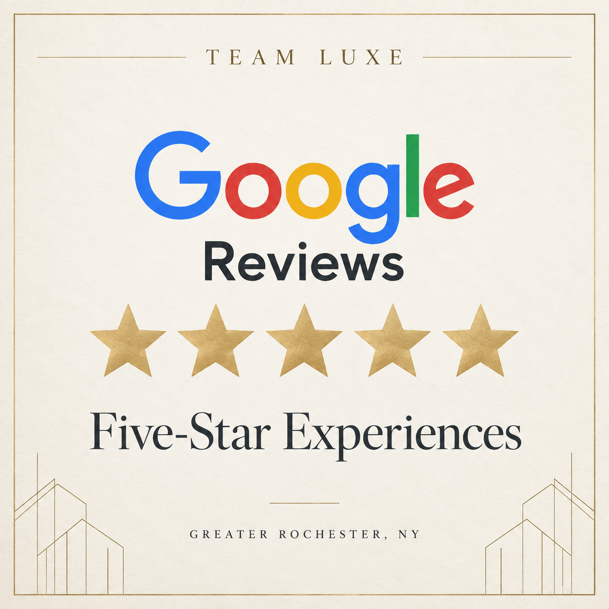 Certificate of Google Reviews with five gold stars and text indicating five-star experiences for Team Luxe in Greater Rochester, NY.