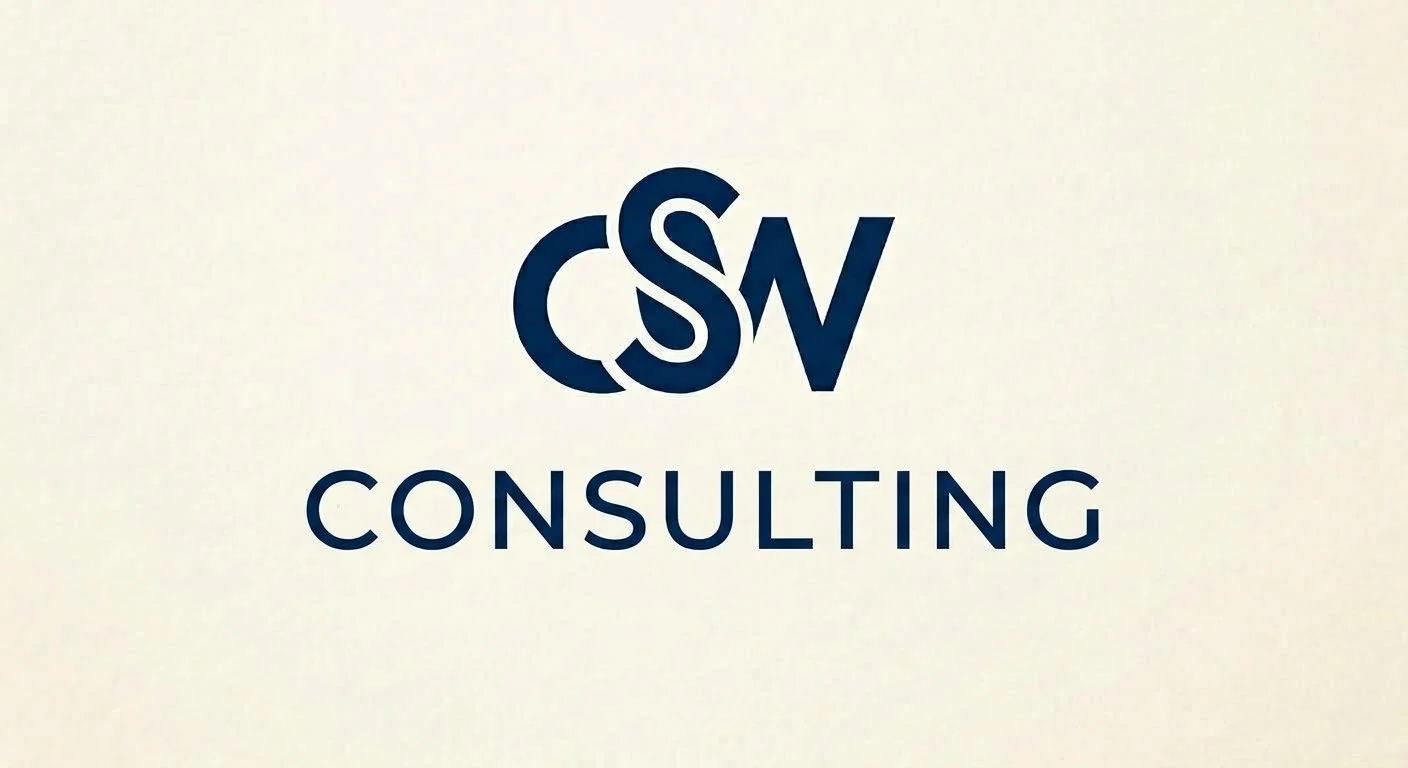 Logo of CSW Consulting with overlapping dark blue letters 'CSW' above the word 'Consulting' in dark blue.