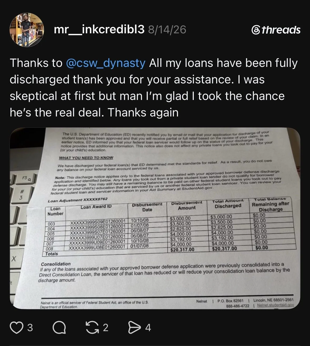 A printed document showing a list of federal student loans with details on disbursement, dates, and amounts, partially on a keyboard, with a social media post overlay expressing gratitude for loan discharge.