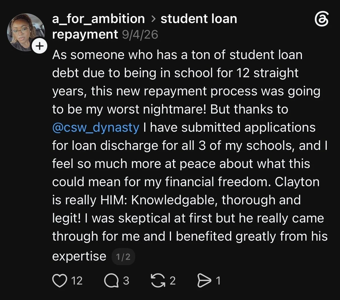 Screenshot of social media post about student loan repayment, featuring a profile picture of a woman with glasses, and various icons for likes, comments, and sharing.