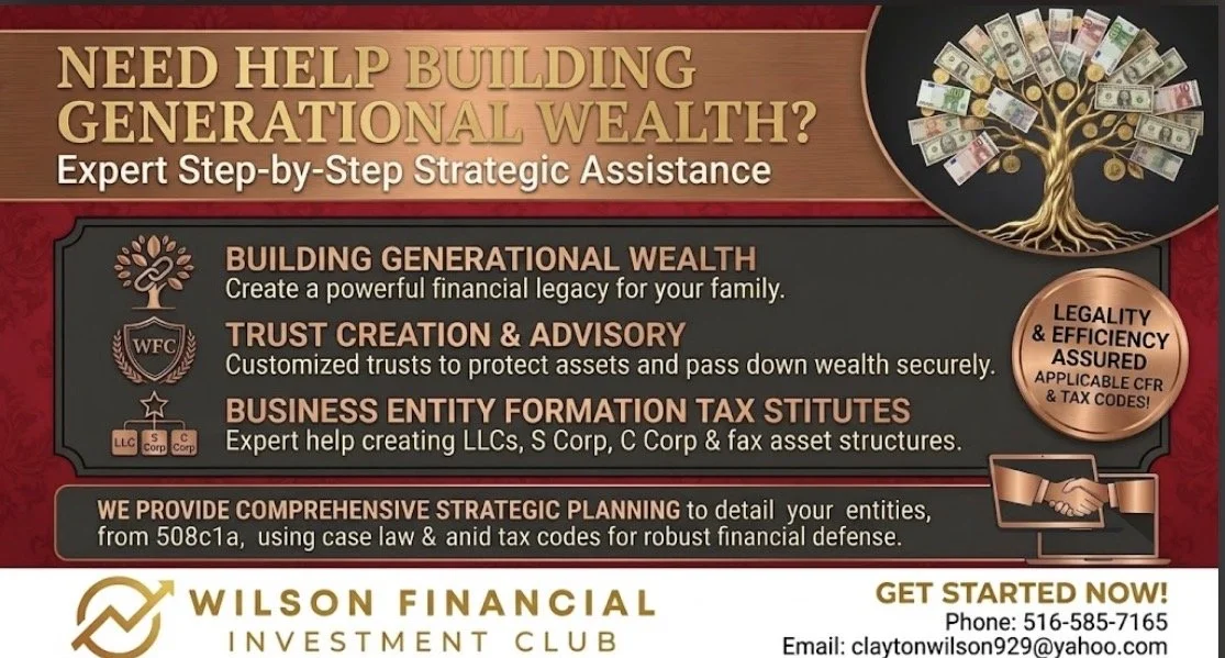 Advertisement for financial consulting services with a tree made of dollar bills and text about building wealth, trust, and business formation.