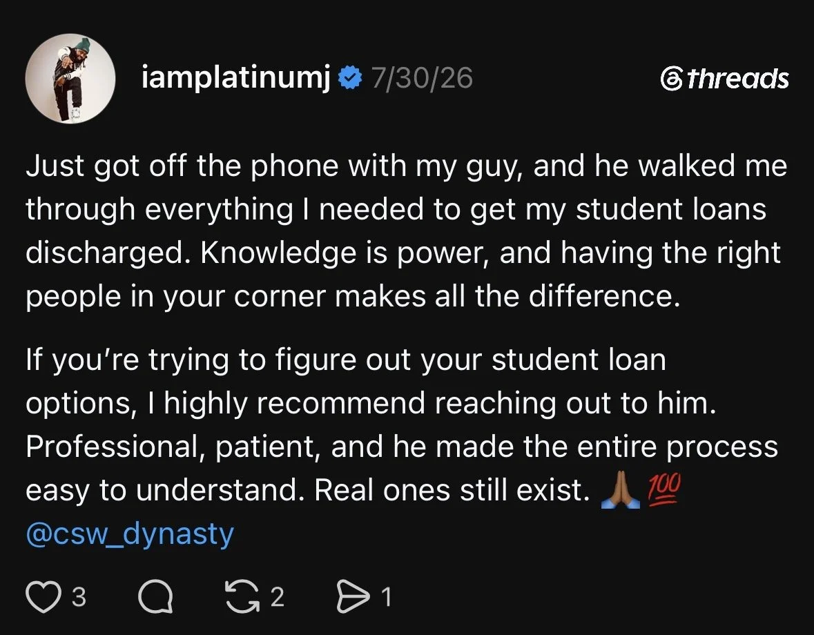 Screenshot of an Instagram post by iamplatinumj, sharing a positive experience with a professional who helped him understand student loan options. The post includes text describing his gratitude and advice.