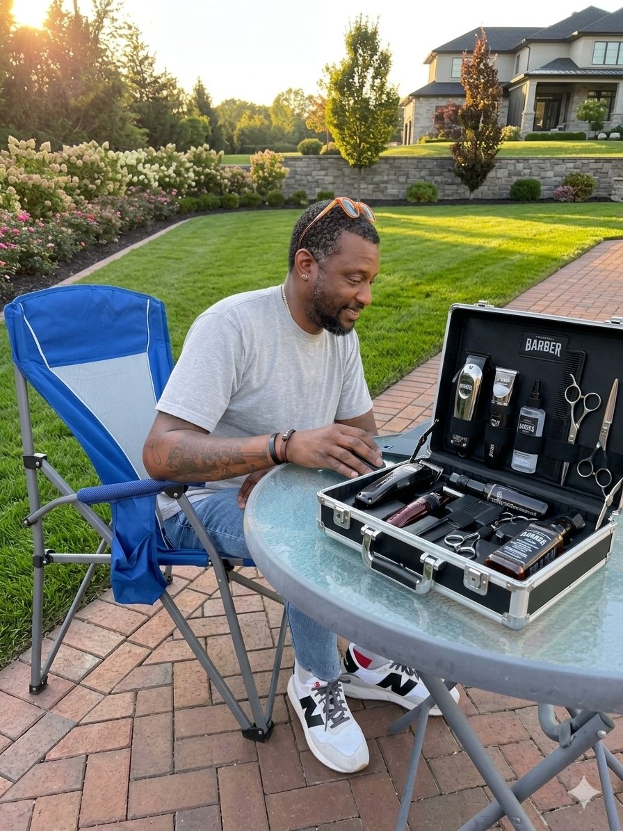 Man sitting outside at a glass table with a barber kit, trimming tools, and grooming products, in a suburban backyard with green grass, trees, and a house in the background during sunset.