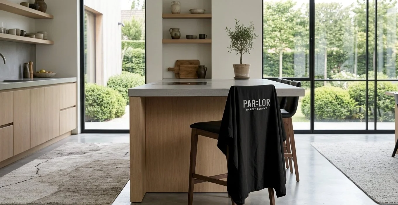 Modern kitchen with beige cabinets, open shelves, large window with garden view, kitchen island with a potted plant, and black chairs, one with a black apron hanging that reads 'PAR-LOR BARBER SERVICE'.