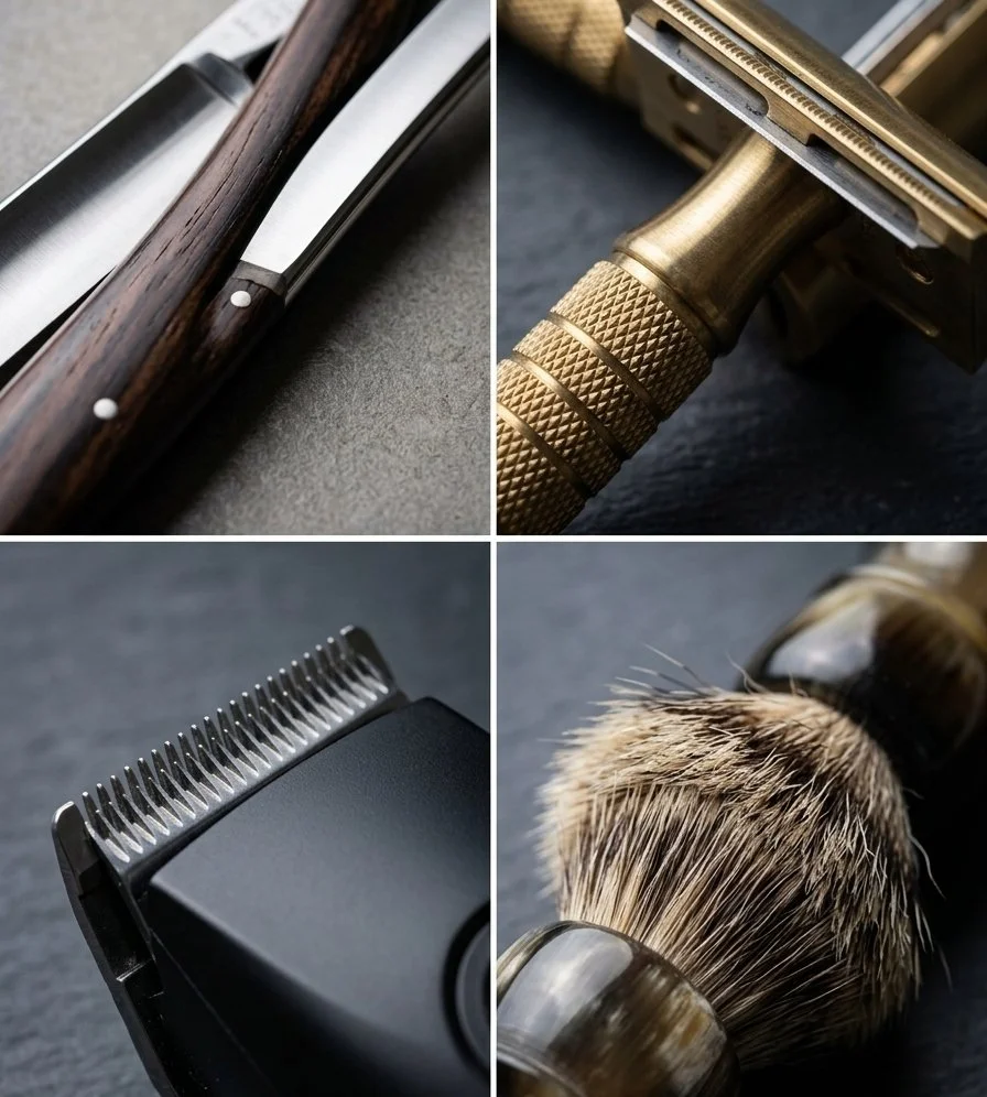 Collage of grooming tools including straight razors, safety razor, electric hair clipper, and shaving brush.