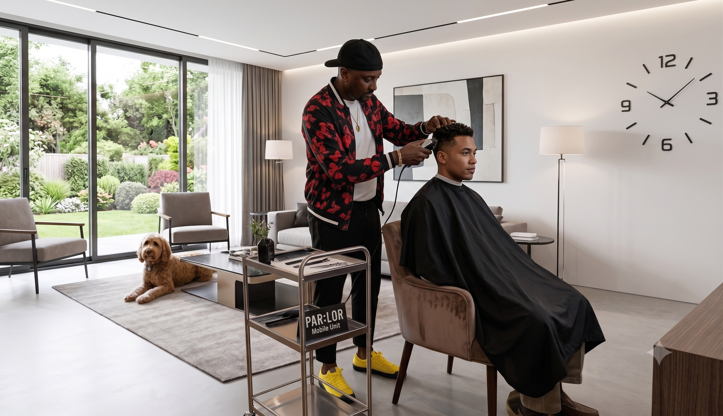 A man getting a haircut at a modern hair salon with large windows, a dog lying on a rug, and a large wall clock.