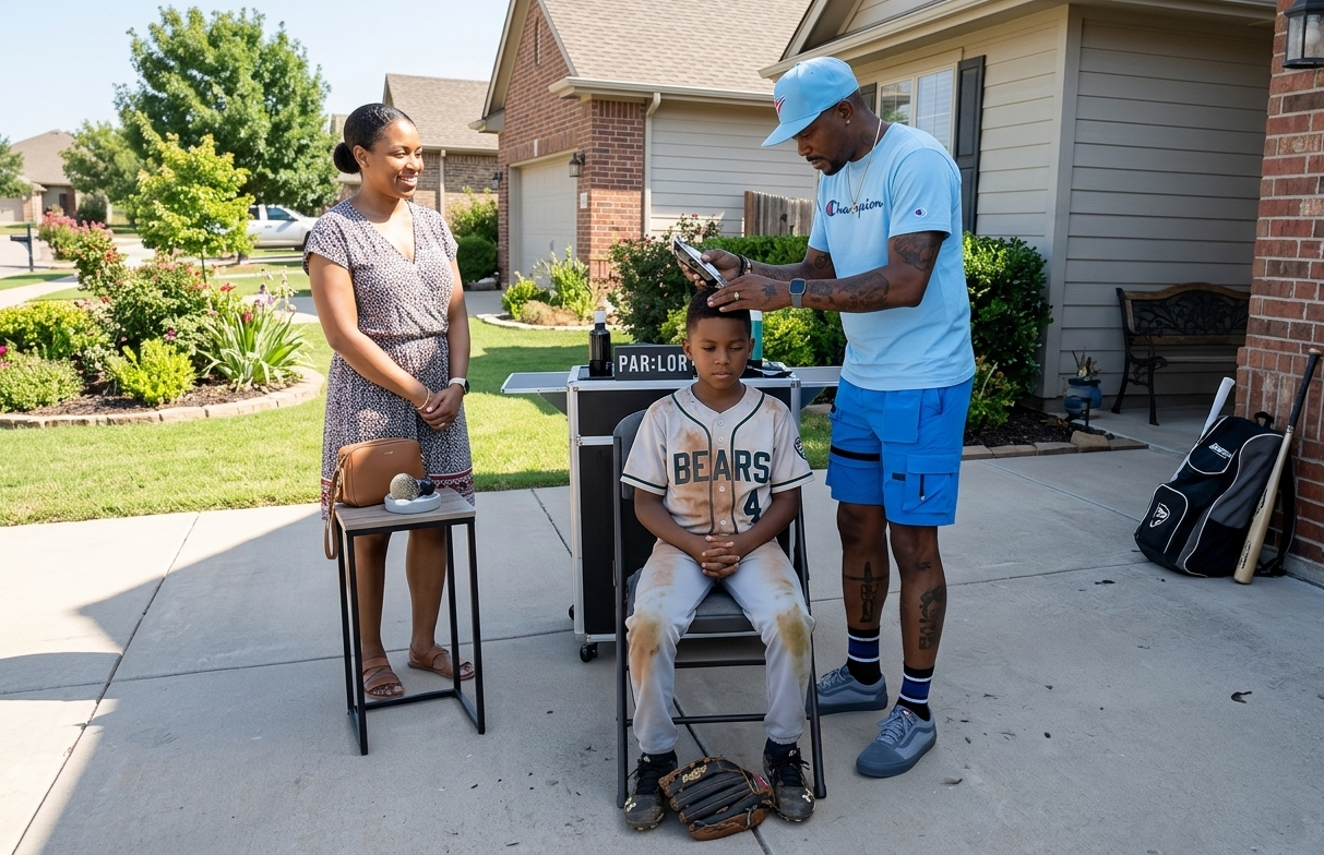 A boy sitting outdoors in a baseball uniform with a woman and a man standing nearby. The woman is smiling, and the man is recording the boy with a smartphone. There is a small table with a purse and a decorative ball, and a neighborhood background with greenery and houses.