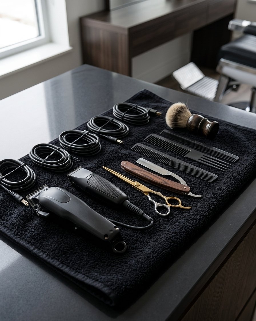 Barber tools arranged on a black towel on a countertop, including clippers, scissors, combs, brushes, and straight razors.