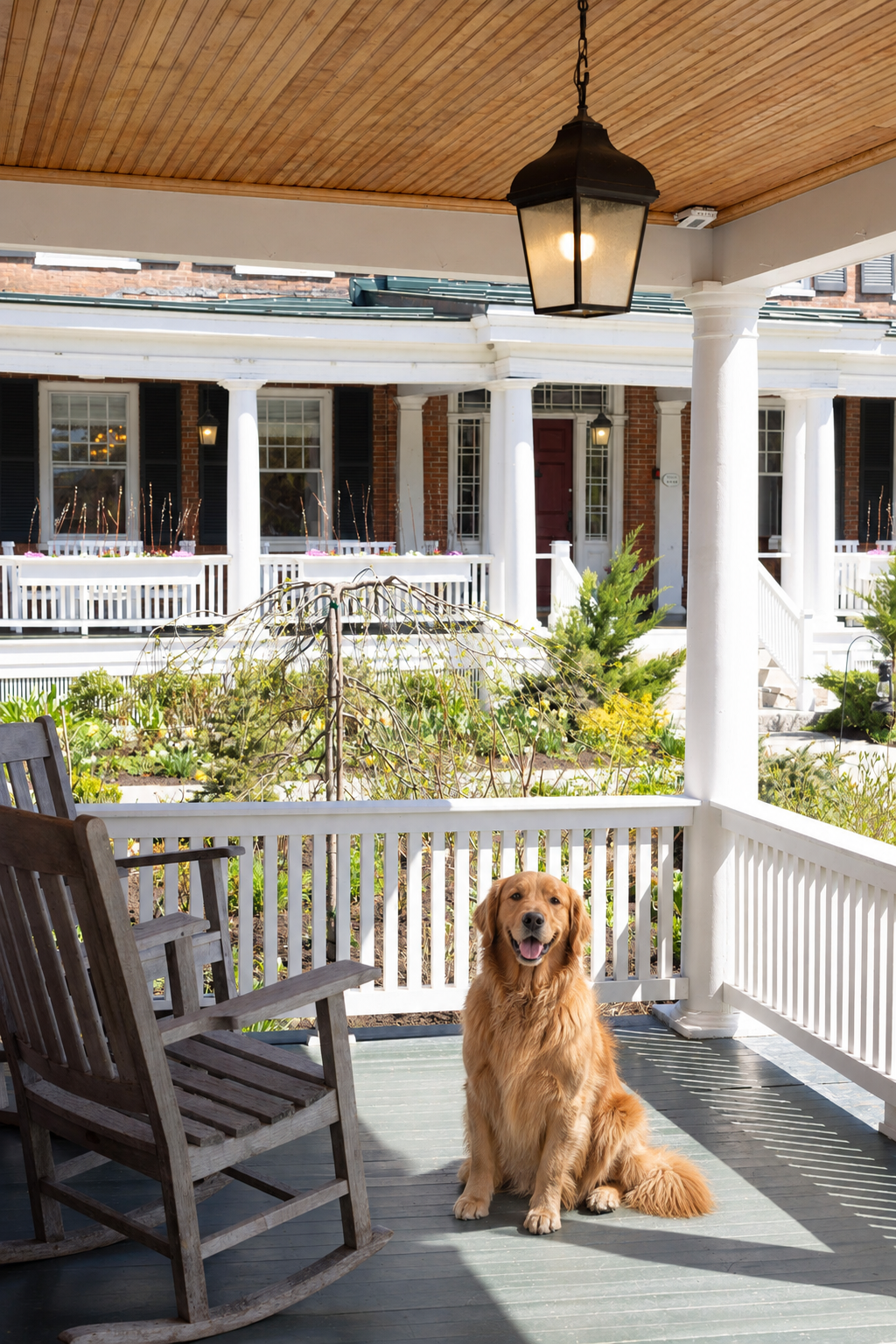 Golden retriever sitting on porch with wooden rocking chairs, white railing, and a garden in the background of a house with a porch, columns, black shutters, brick exterior, and a red front door.