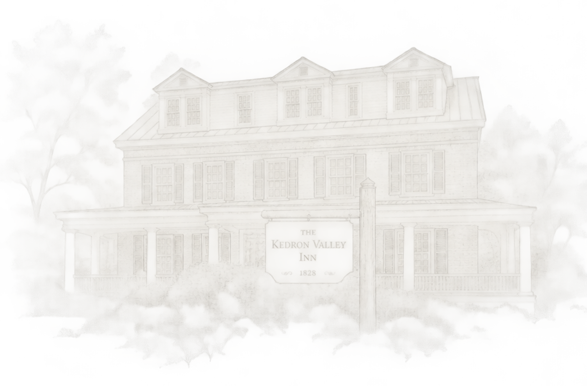 Sketch of the Kedron Valley Inn, a historic building from 1828, with three stories, multiple windows with shutters, and a porch, surrounded by trees.