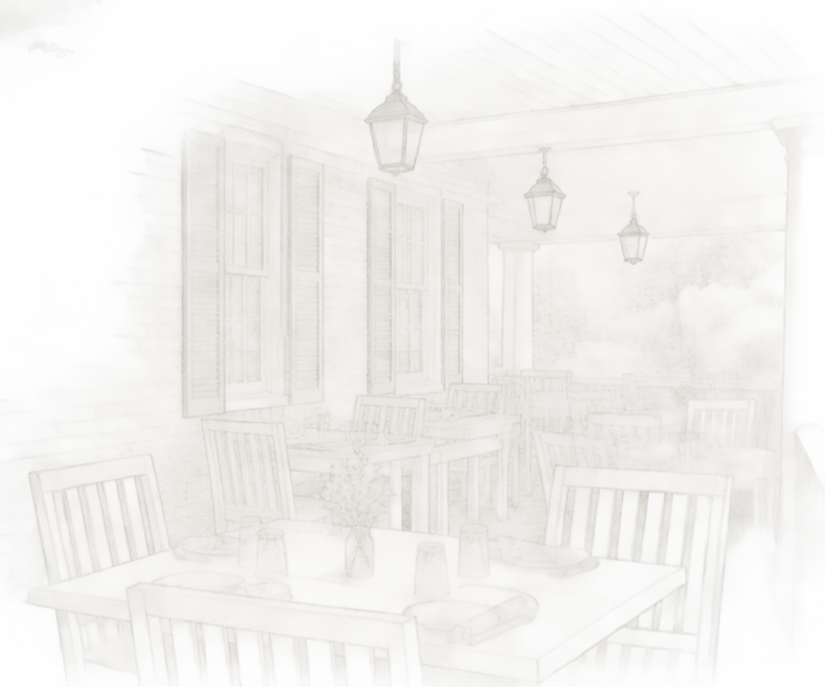 Line drawing of a restaurant patio with tables, chairs, window shutters, hanging lanterns, and a brick wall in the background.