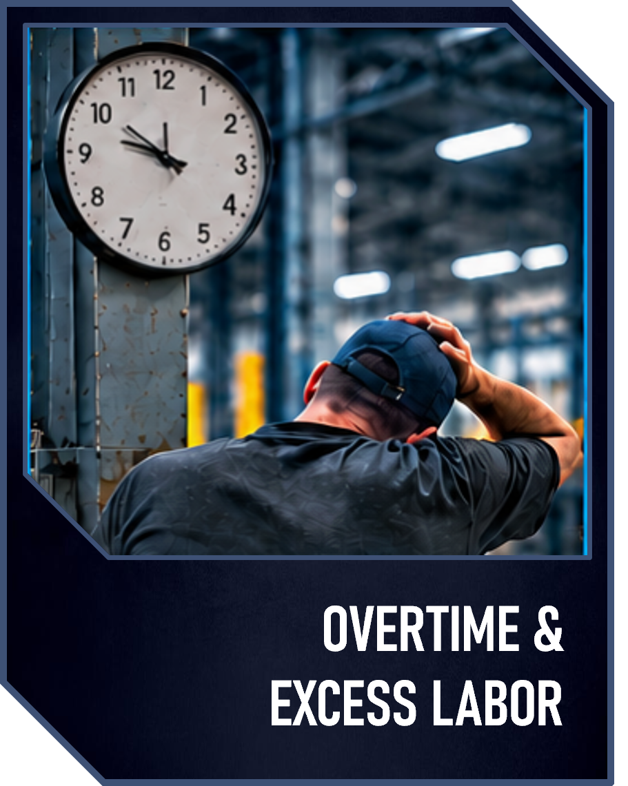 A man with a cap touching his head in a warehouse or industrial setting, with a large clock showing the time as approximately 10:55. The image suggests themes of overtime and excess labor.