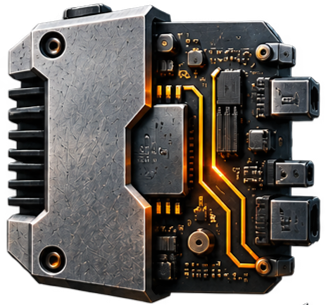 A close-up image of an electronic module with a metal casing and circuit board, featuring various electronic components and orange illuminated traces.