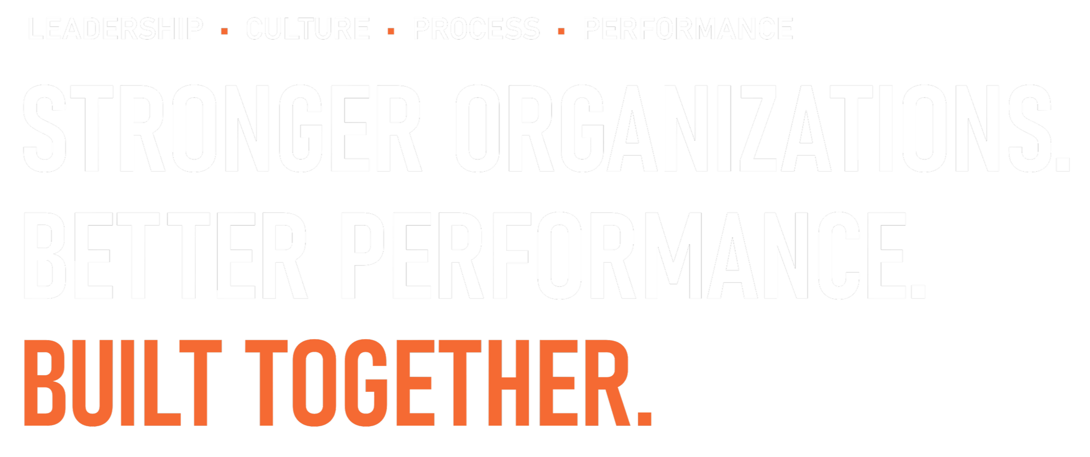 A motivational quote about building stronger organizations through leadership, culture, process, and performance, with highlighted words 'STRONGER ORGANIZATIONS' and 'BUILT TOGETHER' in large, bold text.