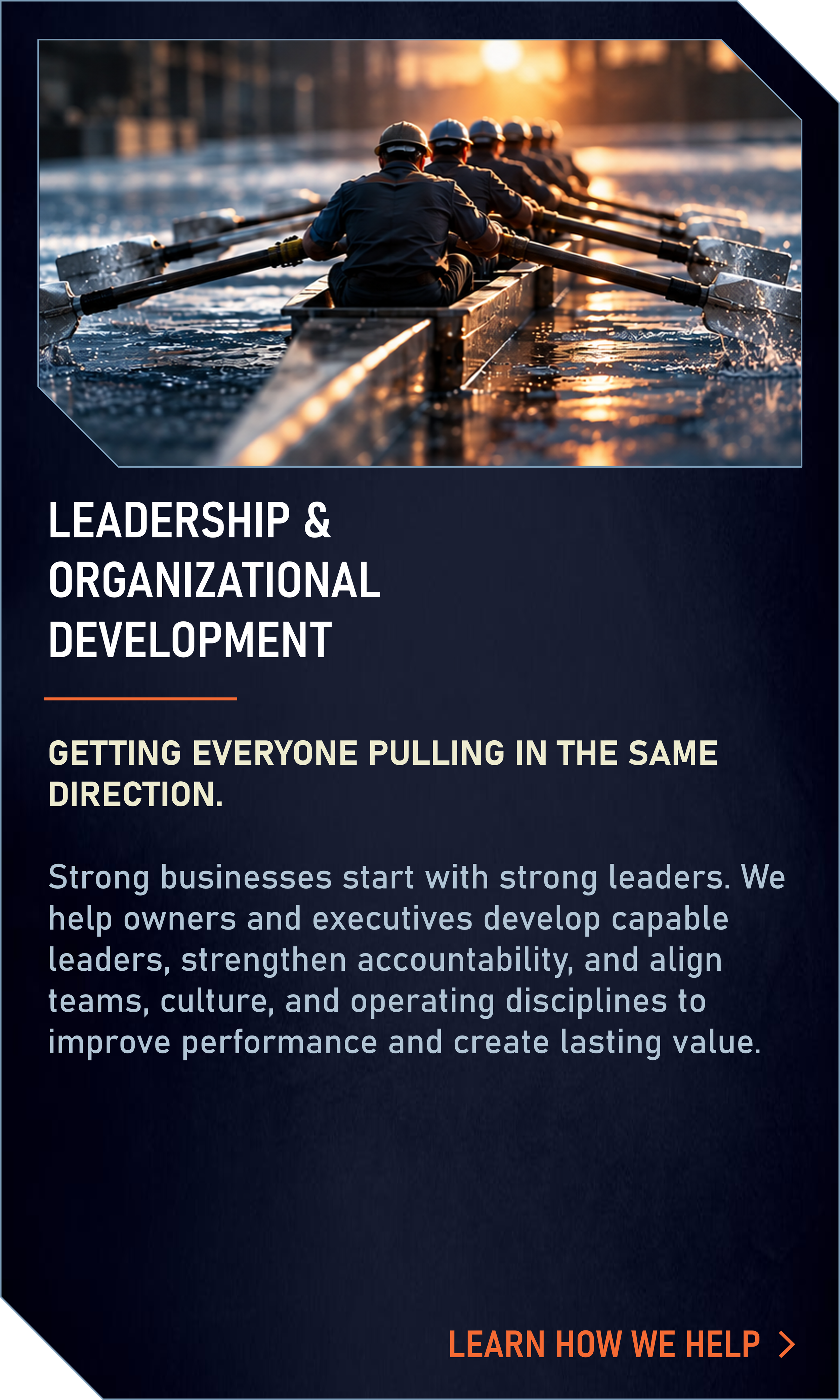 A team of rowers in uniform and helmets practicing at sunset on a body of water, with a cover story about leadership and organizational development.