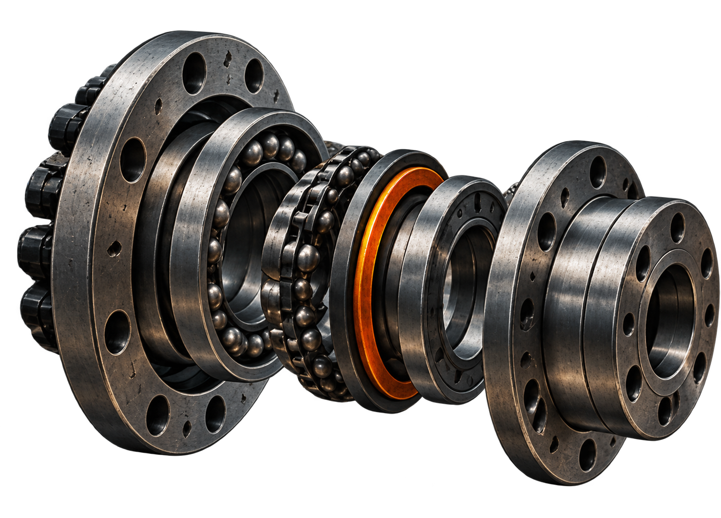 Arrangement of industrial machine parts, including bearings and metal rings.