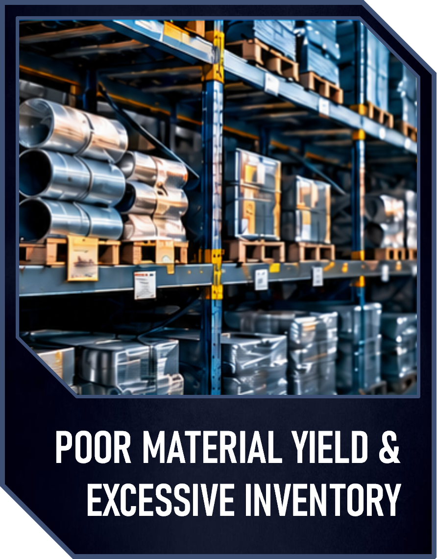 Steel pipes and metal sheets stored on warehouse shelves, with a caption reading 'Poor Material Yield & Excessive Inventory'