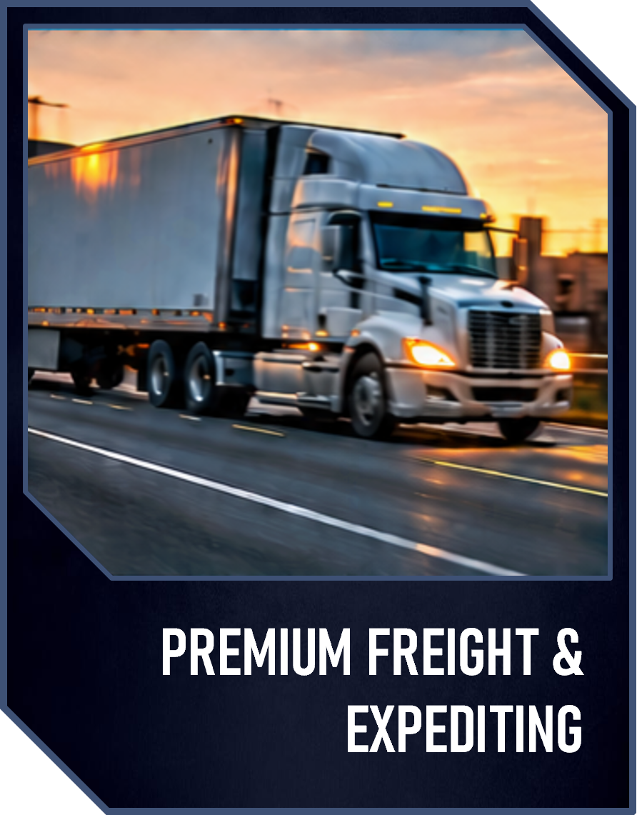 A semi-truck driving on a highway at sunset with a blurred background and the text 'Premium Freight & Expediting' at the bottom.
