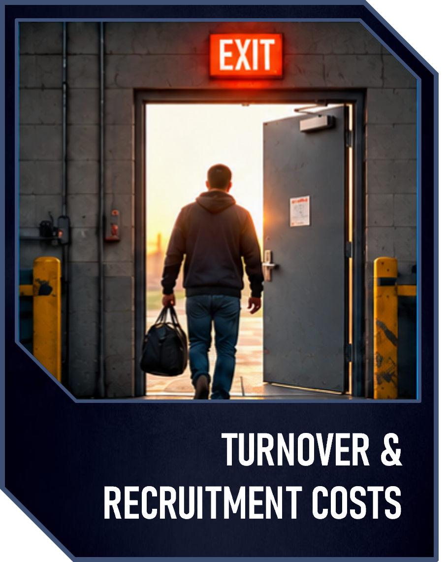 Man walking out of an industrial building through a door marked 'EXIT' during sunset, carrying a bag. The scene is related to turnover and recruitment costs.
