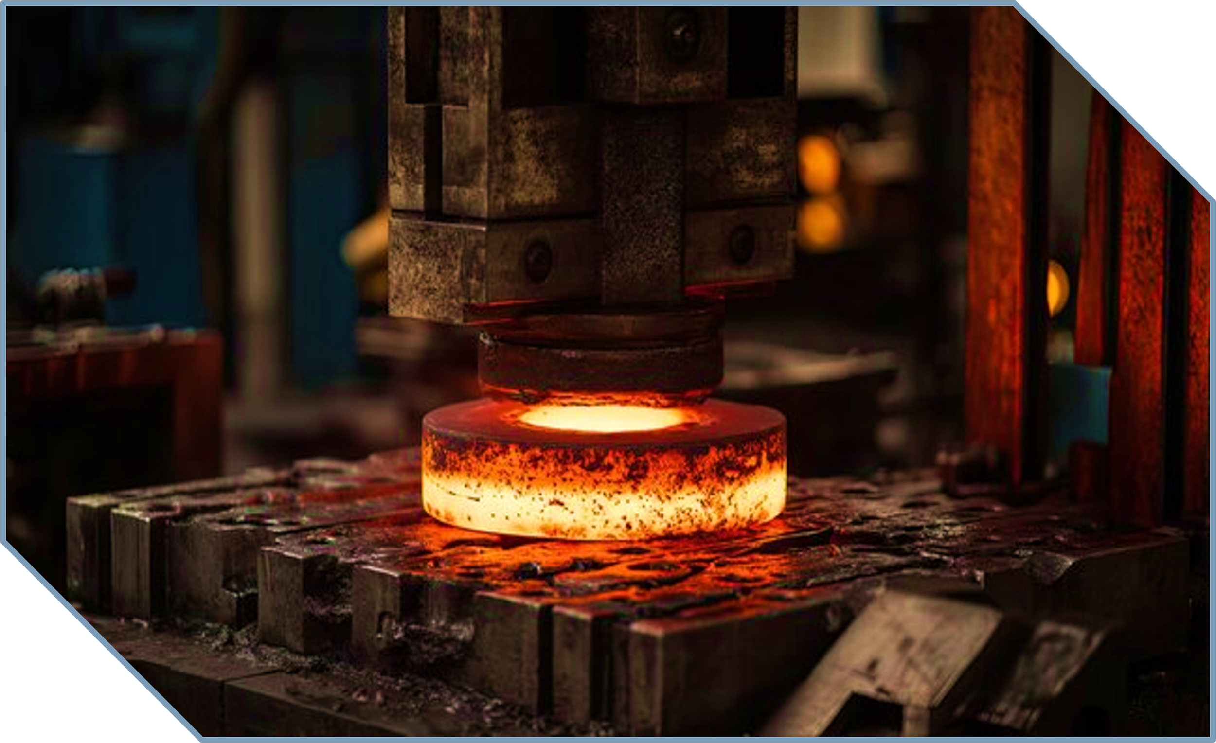A blacksmith's forge with glowing molten metal being heated by a fining machine.