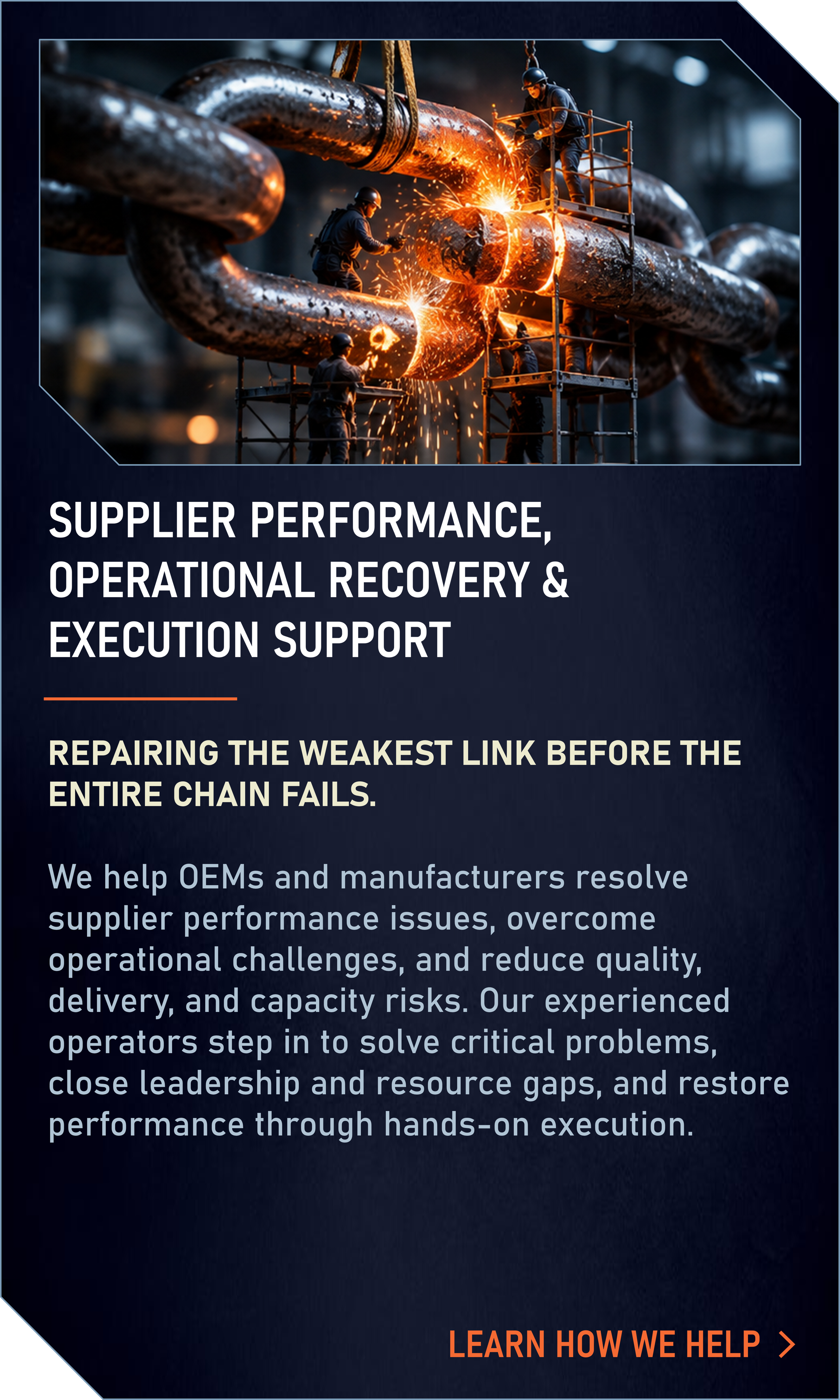 Image of workers welding a large metal chain in industrial setting with sparks flying, demonstrating industrial repair or manufacturing activity.