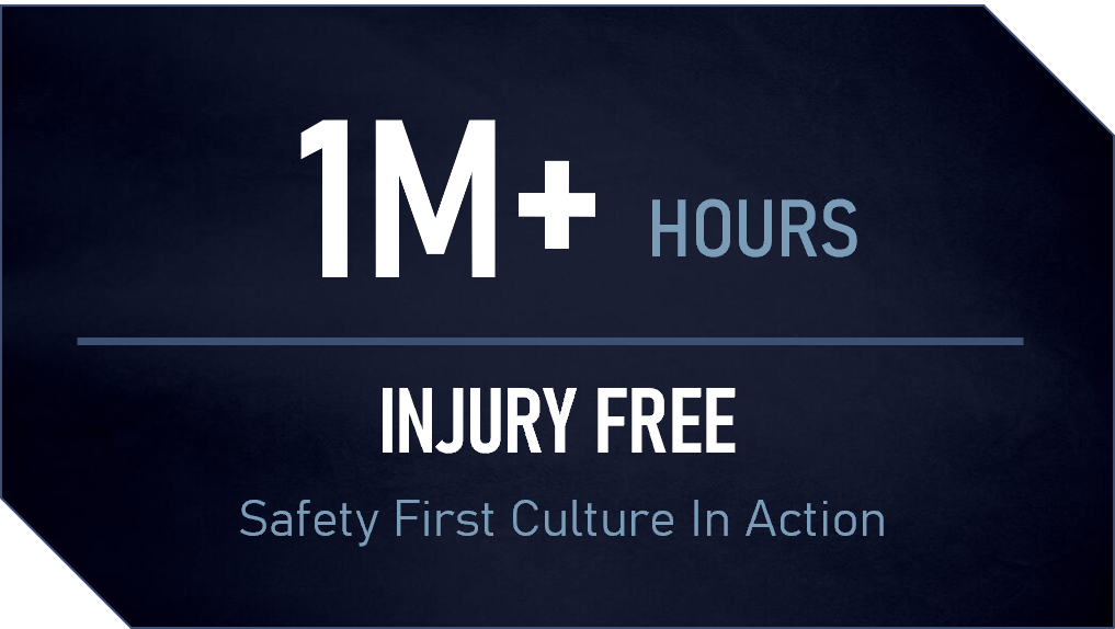 Text on a dark background stating "1M+ hours injury free. Safety First Culture In Action."