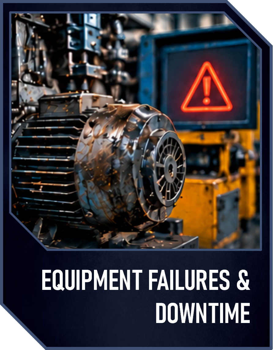 Close-up of industrial machinery with a warning symbol on a screen in the background, indicating equipment failures or downtime in an industrial setting.