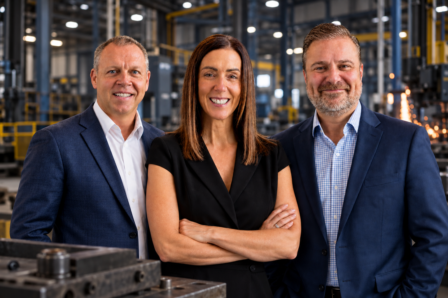Three professionals in business attire standing in an industrial factory setting.