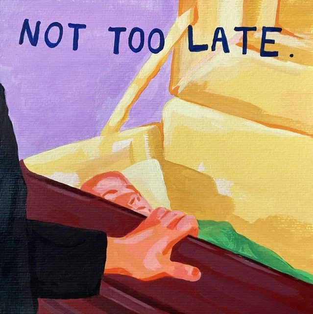 Close-up of a person's hand resting on a red piano, with a colorful background featuring a yellow staircase and purple wall, and the phrase 'NOT TOO LATE.' written in blue text.