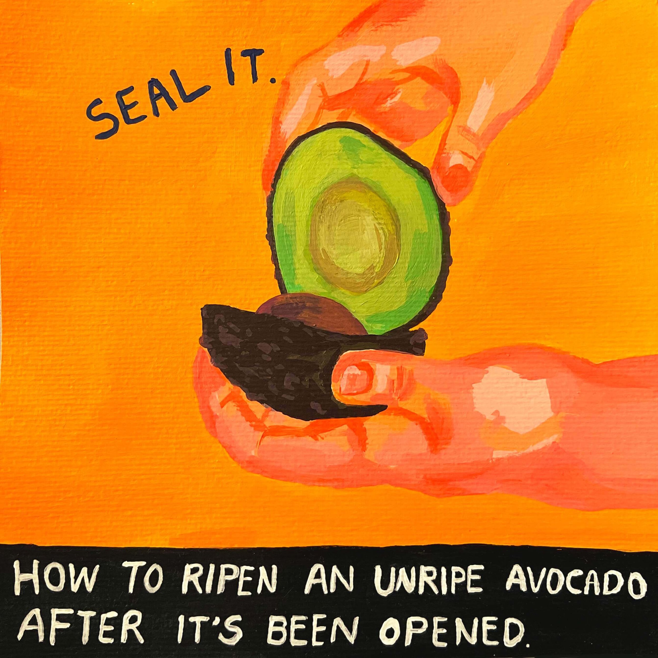 Hand-drawn illustration of an avocado with text that reads "Seal It!" and instructions on how to ripen an unripe avocado.