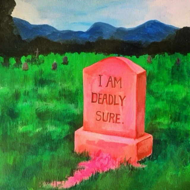 A pink gravestone with engraved text, surrounded by green grass and pink flowers, against a backdrop of distant mountains under a cloudy sky.