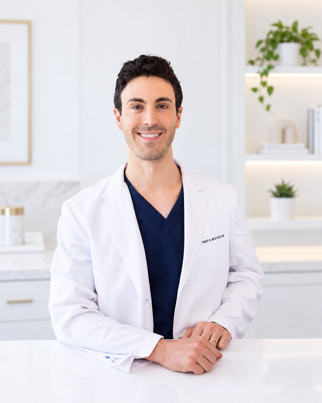 Smiling male doctor in white coat and navy scrubs in a medical office with white shelves and plants in the background.