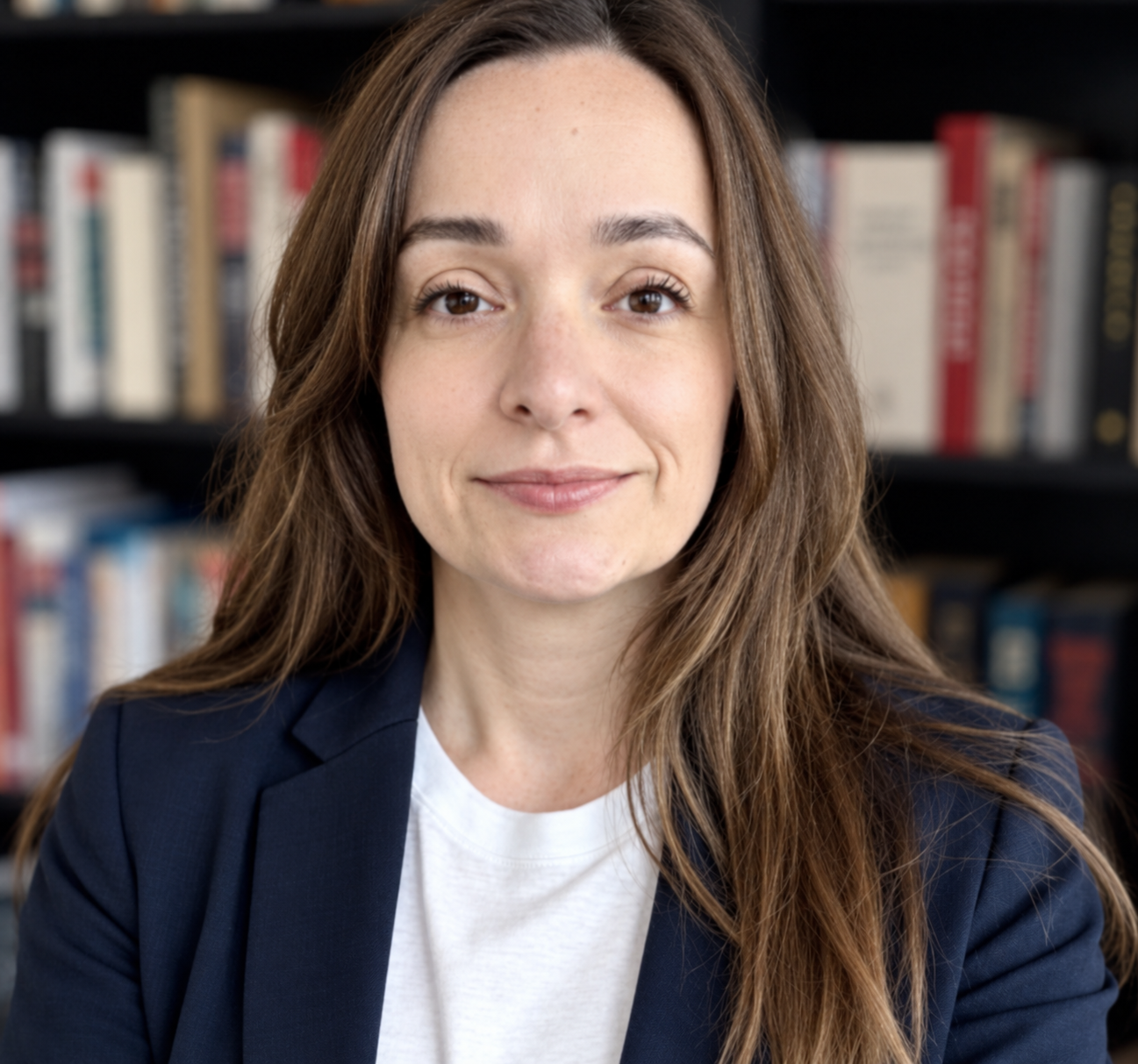 Close-up of a woman with long brown hair, wearing a navy blazer, smiling slightly in front of a bookshelf filled with books.