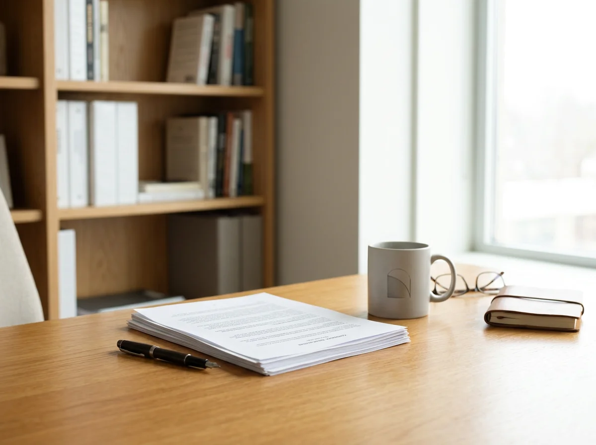 Office desk with a stack of paper, pen, coffee mug, eyeglasses, and closed notebook near a window with natural light.
