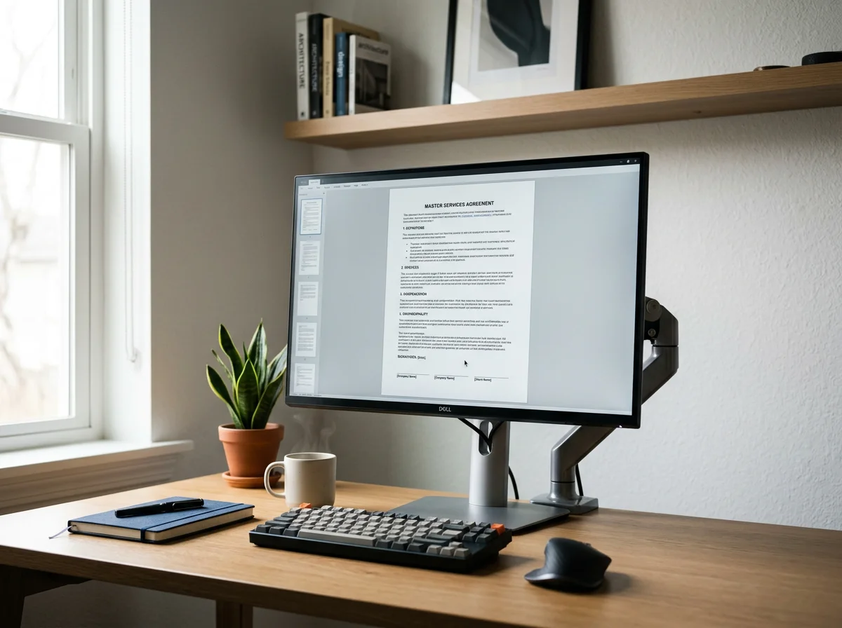 Office desk with a computer monitor displaying a document titled 'MASTER SERVICES AGREEMENT,' a potted plant, a notebook with a pen, a mug, a keyboard, a mouse, and a window with natural light.