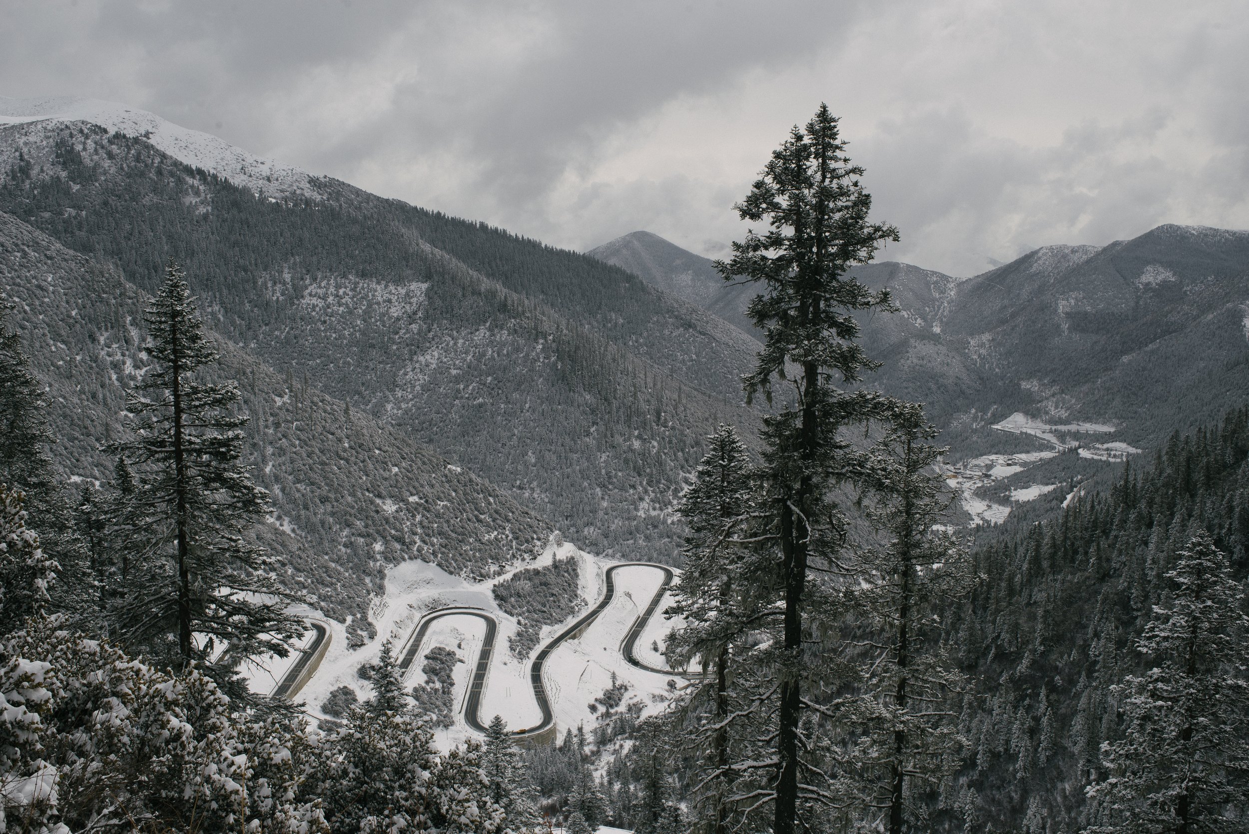 Vue panoramique de montagnes enneigées avec des arbres, une route sinueuse couverte de neige, et un ciel nuageux dans un paysage hivernal.