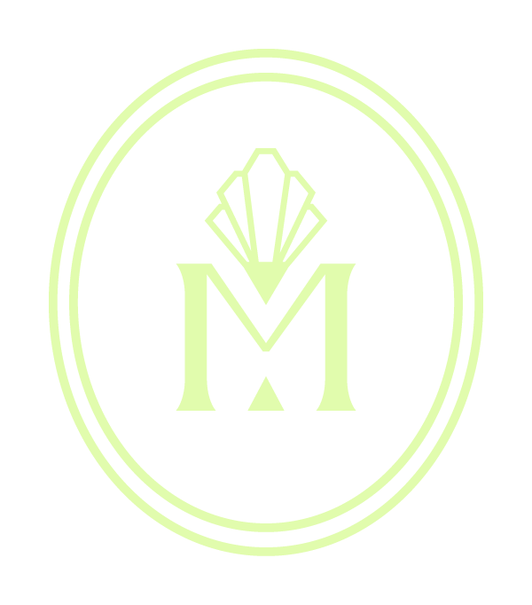 A logo with a monogram 'M' and a diamond shape above it, enclosed in an oval outline, all in light green on a black background.
