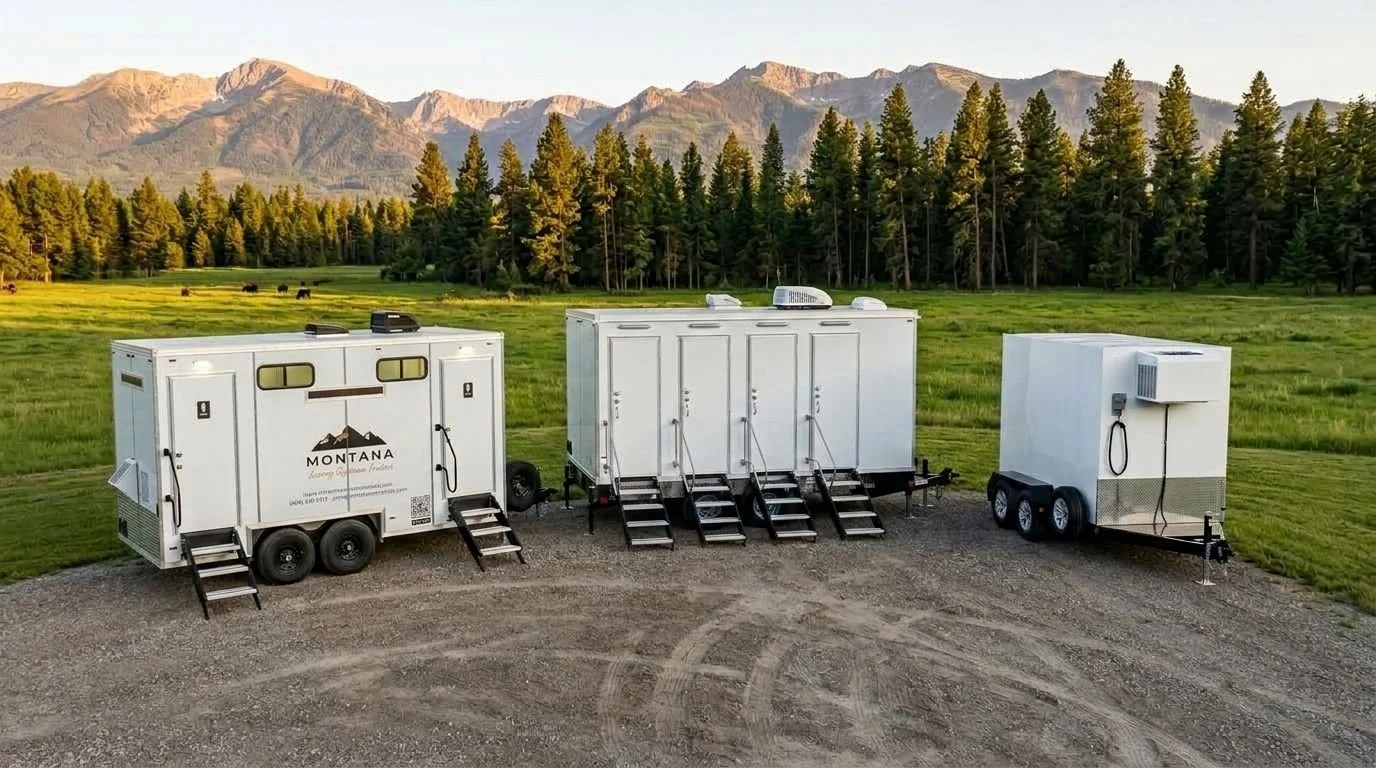 Three mobile units in a grassy field with mountains and trees in the background. The units are white and connected, with stairs leading up to their doors, and one has a logo that reads 'Montana' with mountain graphics.