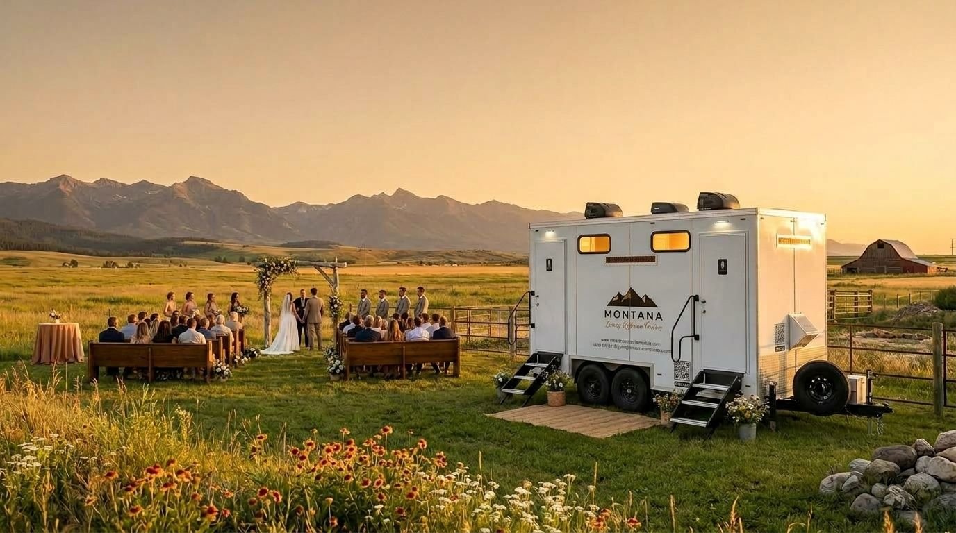 Outdoor wedding ceremony in a field at sunset, with mountains in the background, wooden benches, a floral arch, and a white mobile venue labeled 'Montana'.