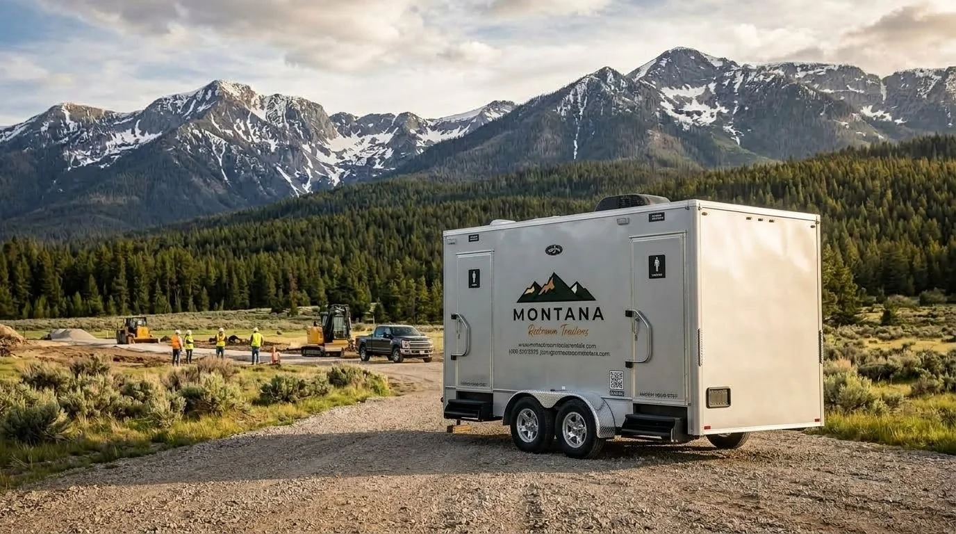 A white trailer with 'Montana' printed on it, parked in a rural area with mountains and a forest in the background. Construction workers and trucks are visible in the distance.