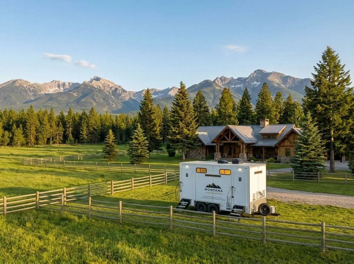 Trailer with Montana logo parked on a grassy farm with a house, surrounded by trees, with mountains in the background during sunset.