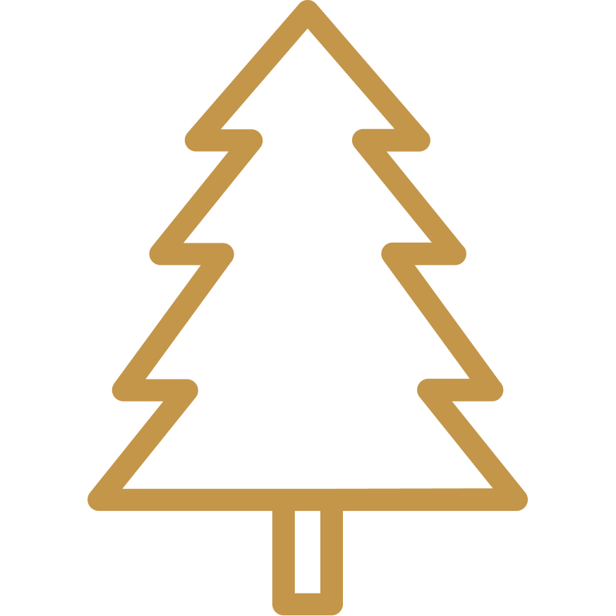 A simple, stylized Christmas tree outline in gold against a black background.