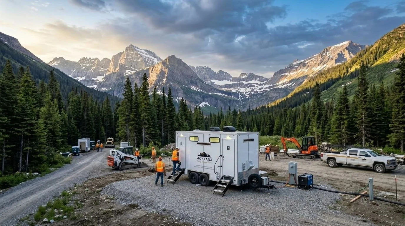 Construction crew working on a mountain road with snowy peaks in the background, using heavy machinery and a mobile office trailer.