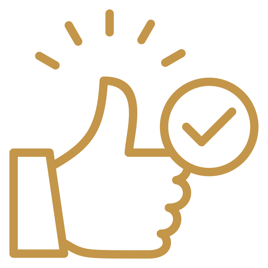 Line art of a clock and a thumbs-up hand with a checkmark, symbolizing on-time approval or punctual approval.