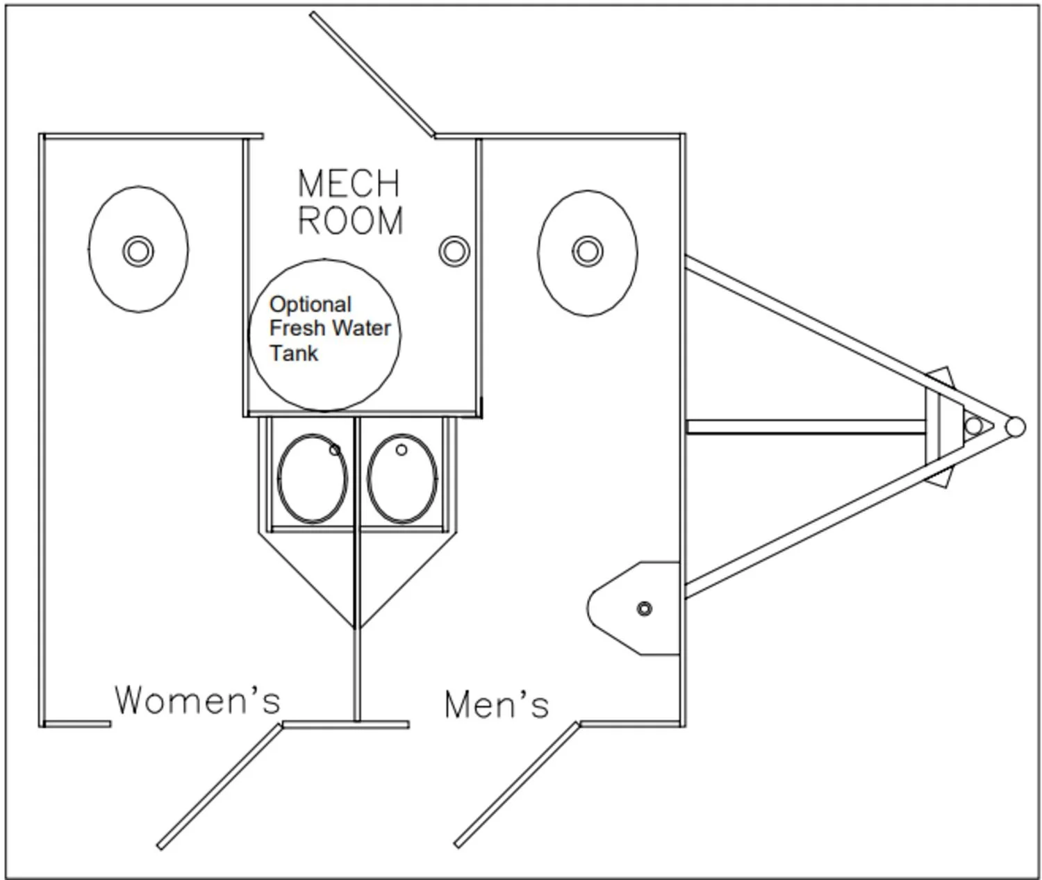 Floor plan of a restroom building with separate women's and men's sections, each with toilets, and a mechanical room with an optional fresh water tank.