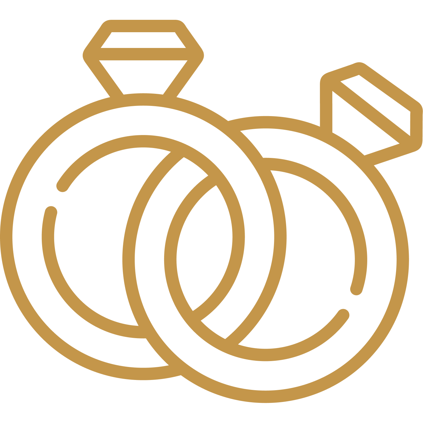 Outline illustration of two wedding rings, one with a diamond, in gold color.
