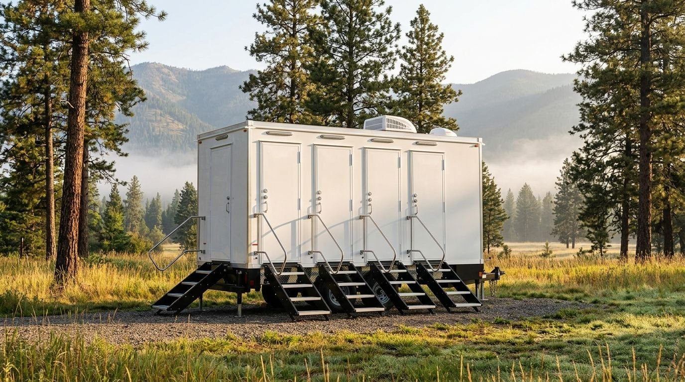 A white mobile structure with multiple doors and stairs leading up to each door, set in a forest clearing with tall pine trees and mountains in the background.