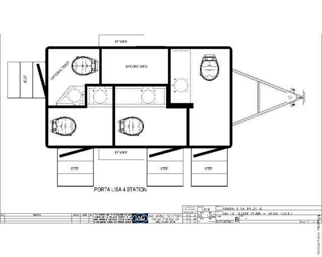 Floor plan of a portable restroom station with four restroom units, three steps leading up to the units, and an optional tank area.