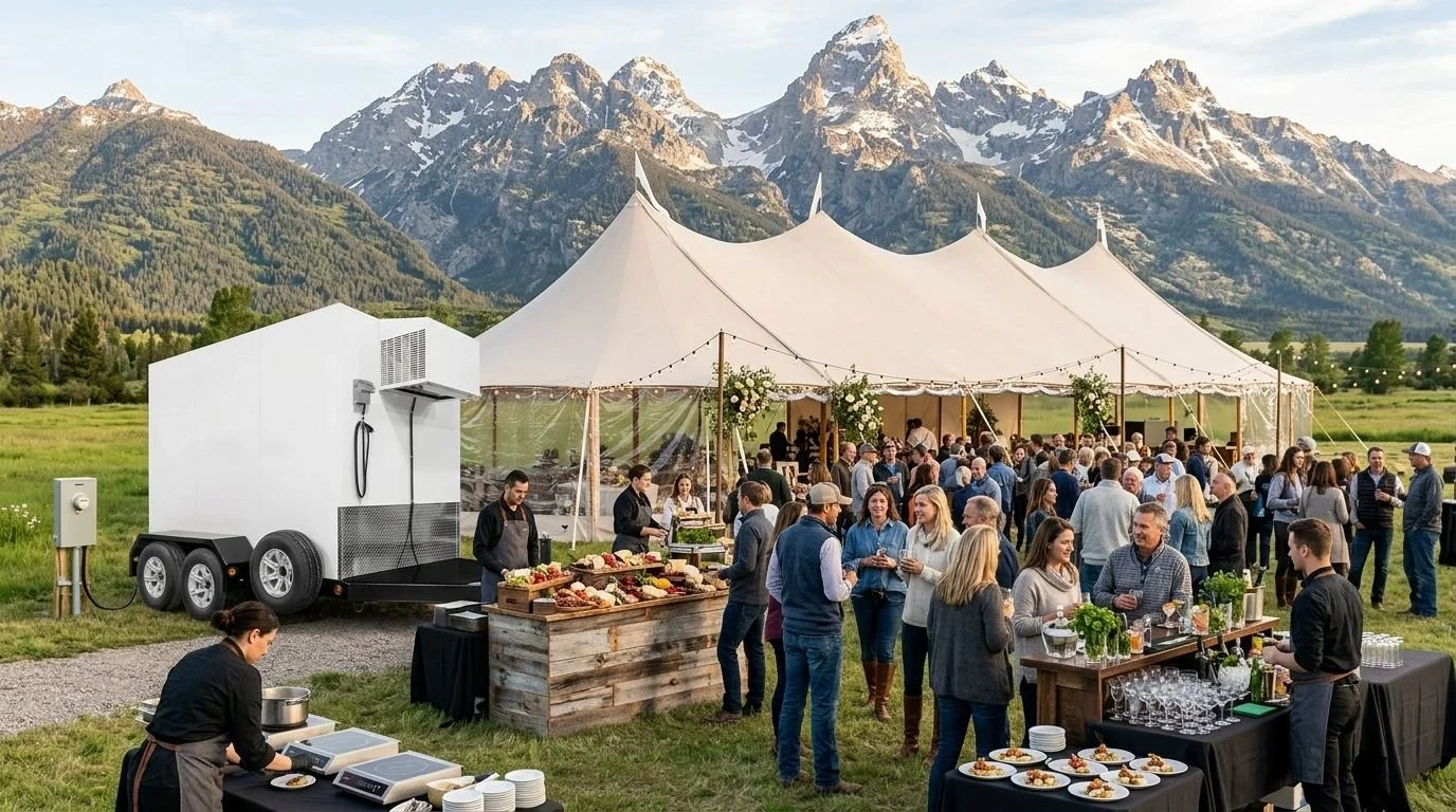 Outdoor wedding reception with a large white tent, guests mingling, and a mountain backdrop, featuring food stations and a bar.