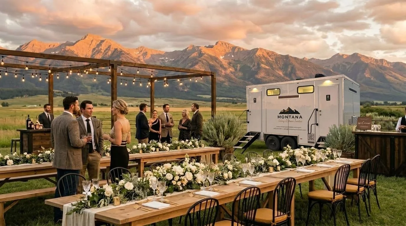 Outdoor wedding reception setup with long wooden tables decorated with white flowers and candles, string lights overhead, a white food trailer, and scenic mountain landscape